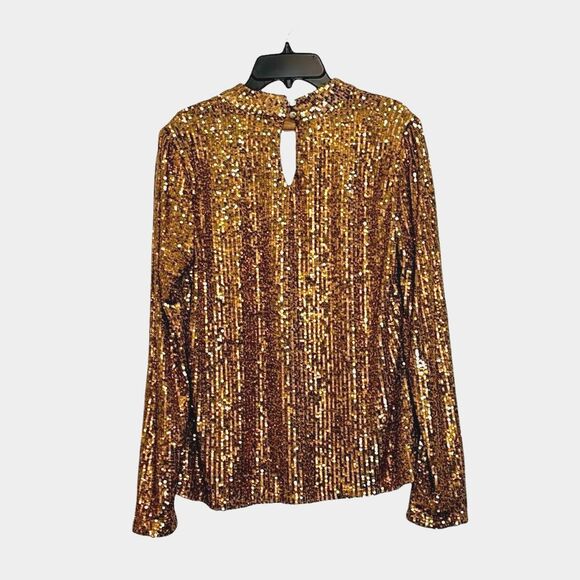 Cable & Gauge | Gold Sequin Puff Long Sleeve Mock neck Keyhole Blouse Shirt - Picture 2 of 16
